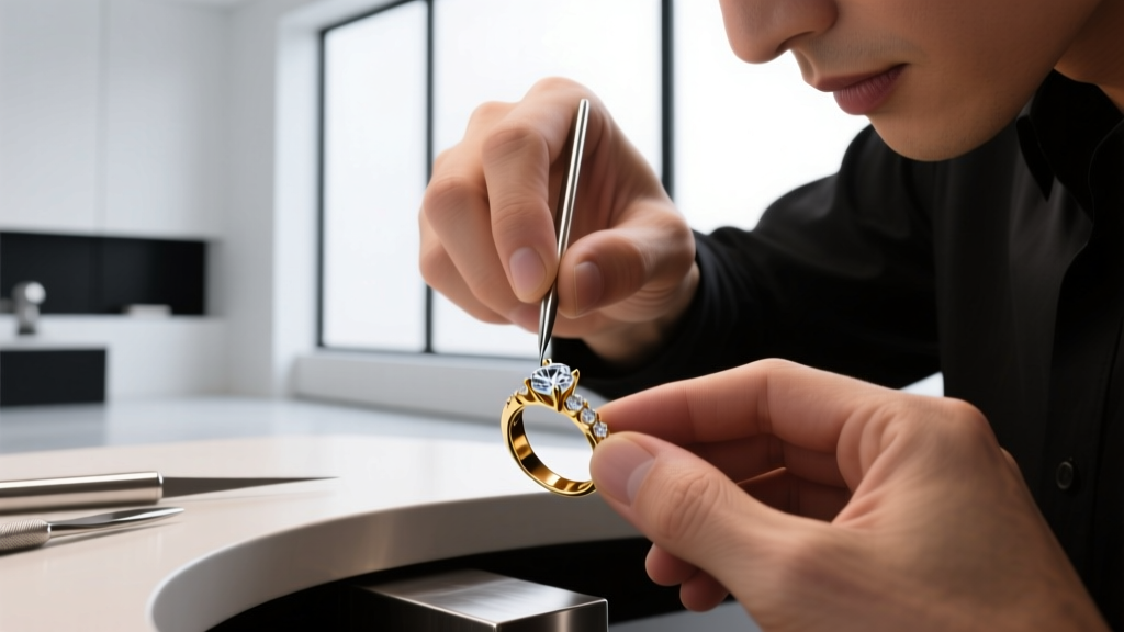 Jeweler's hands using a fine saw to cut 18k yellow gold sheet for a handmade botanical ring on a scarred wooden workbench