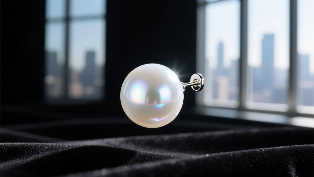 Macro shot of a 14mm white South Sea pearl earring showing sharp window reflection and high mirror luster on dark velvet display