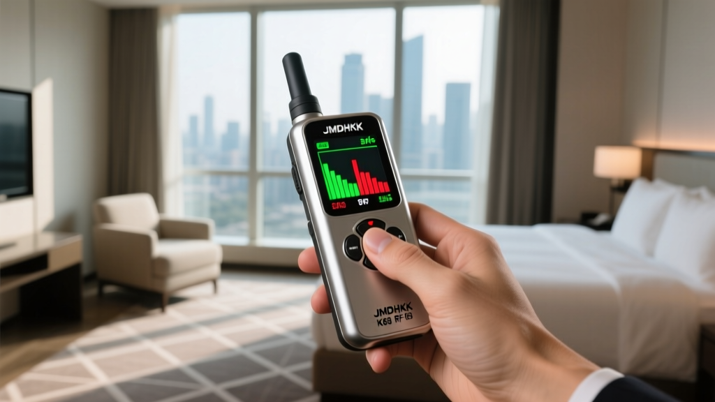 Close-up of a hand holding a JMDHKK K68 RF detector sweeping a modern hotel room to find hidden spy cameras and bugs
