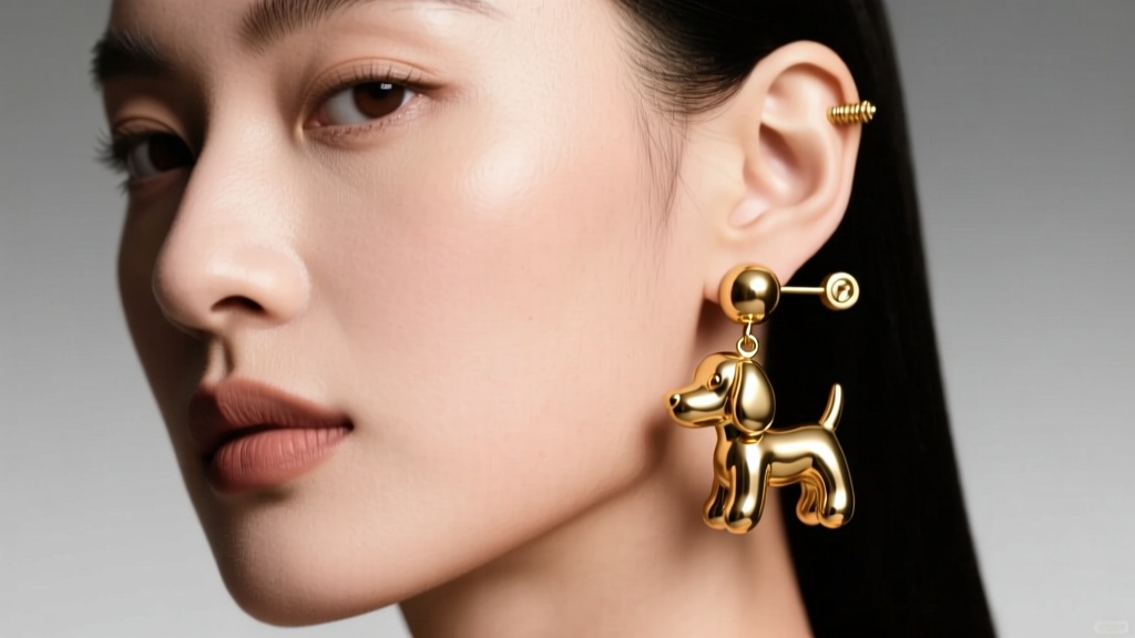 Woman wearing gold vermeil balloon dog dangle earrings, showing a secure screw-back on a pierced earlobe under soft studio light