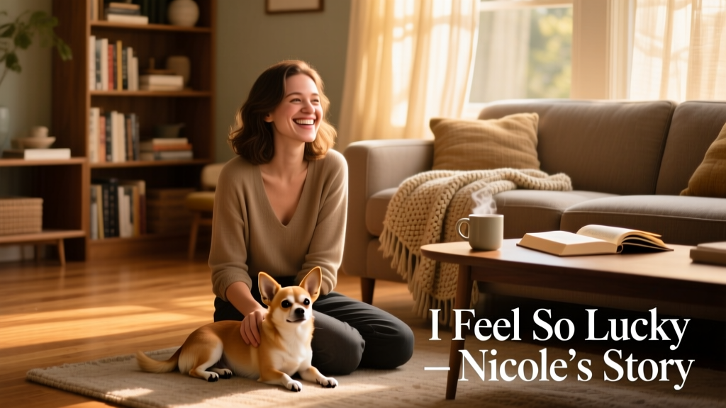 Nicole smiling beside a cozy living room with a Chihuahua resting nearby