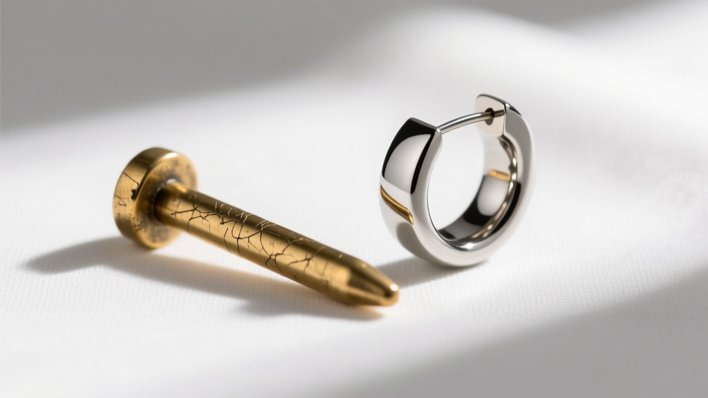 Side view of a rough brass hardware pin next to a polished 316LVM surgical steel body earring on a plain white fabric background.
