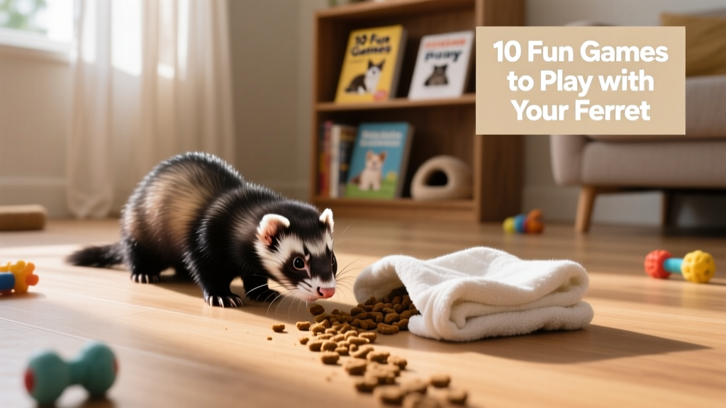 Ferret sniffing intently along a scented trail leading to a treat under a folded towel