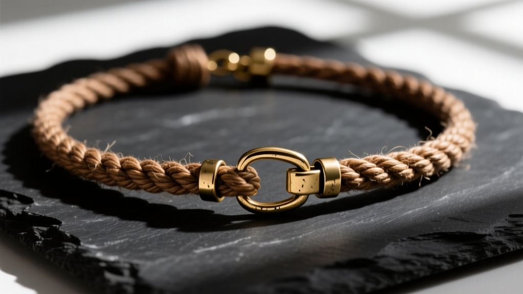 Macro shot of 1mm brown hemp cord necklace with brass clasp on dark slate, showing organic fiber texture and tight weave pattern
