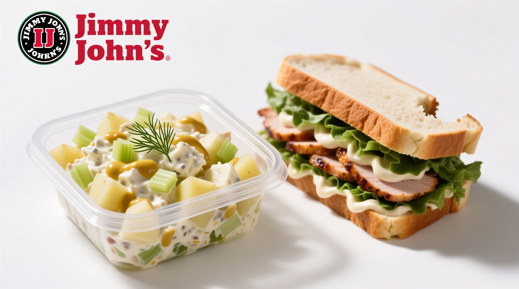 Jimmy John's potato salad in container with sandwich