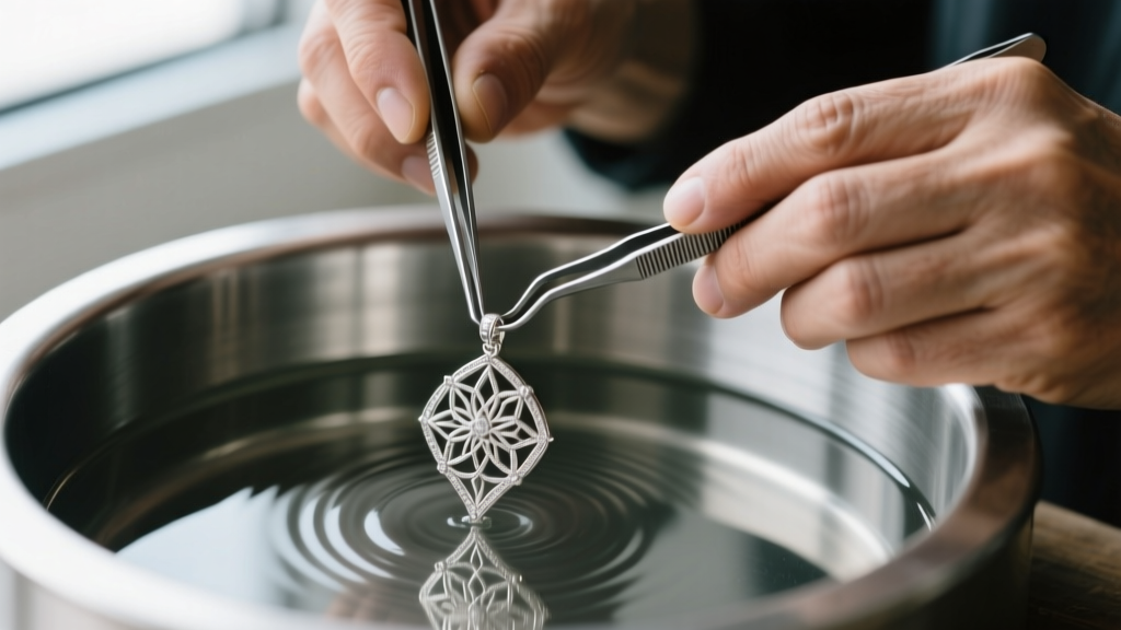 Jeweler hands using tweezers to lower a delicate sterling silver filigree pendant into a stainless steel ultrasonic cleaning tank