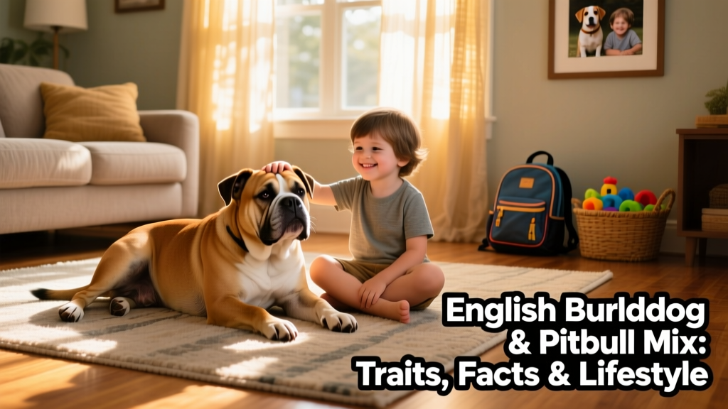An adult English Bulldog and Pitbull mix lounging beside a child on a sunlit living room rug, both relaxed and content