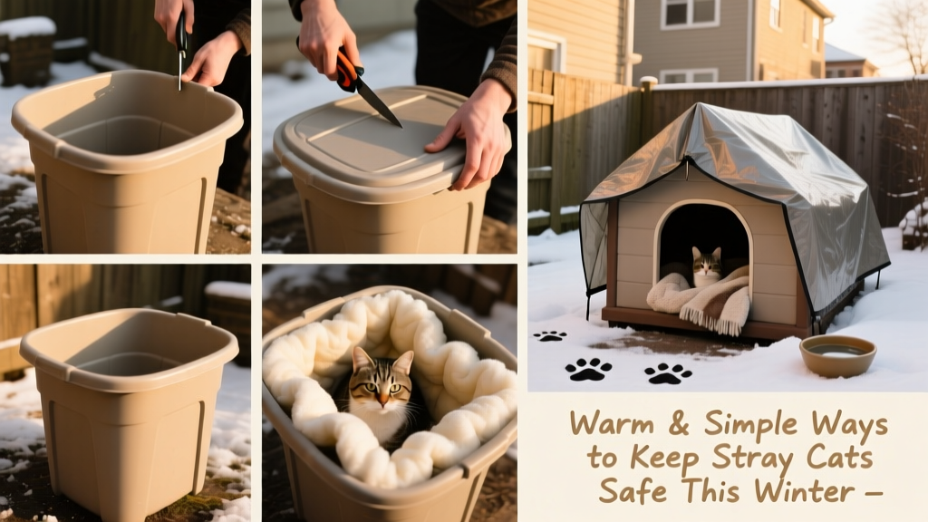 Step-by-step photo showing a rubber storage bin being cut and lined with insulation