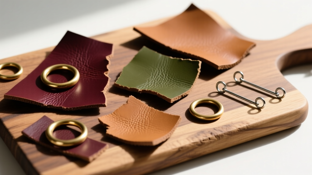 Flat lay of dyed vegetable-tanned leather scraps, brass jump rings, and 20-gauge steel ear wires on a wooden cutting mat.