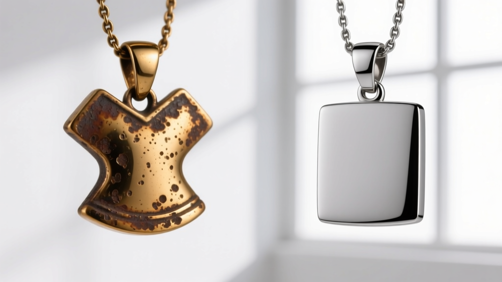 Side-by-side of tarnished brass cheer pendant versus pristine titanium pendant after exposure to simulated acidic sweat solutions.