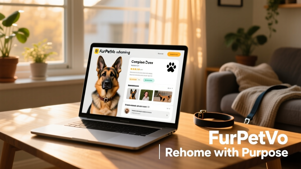 A laptop screen showing the FurPetVo rehoming dashboard with a completed German Shepherd profile and active adopter messages