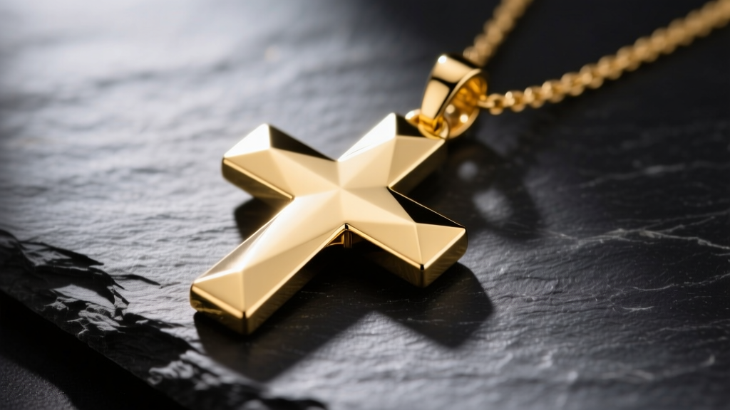 Close-up of a polished 14k yellow gold square cross necklace pendant resting on dark slate, highlighting the geometric equal arms.