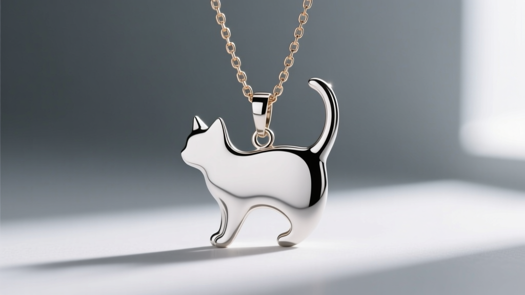Hidden bail on silhouette cat pendant threading through 1.0mm box chain, shown from side profile against soft grey backdrop.