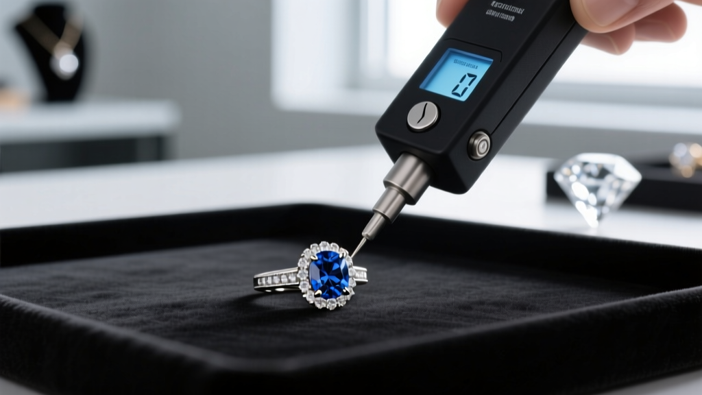 Jeweler using a dual diamond tester on a small bezel-set April birthstone ring to verify the stones against cubic zirconia