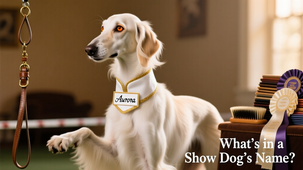 A well-groomed show dog standing confidently in ring attire under soft studio lighting