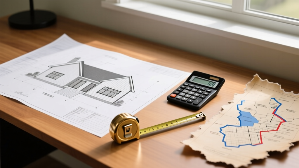 Blueprints for a two-bedroom modern farmhouse on a wooden desk with a tape measure, calculator, and regional zoning maps
