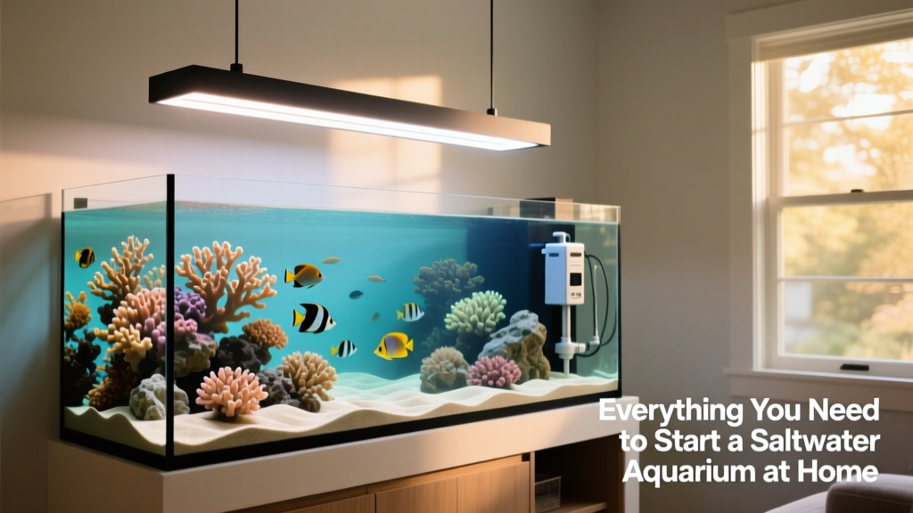 Modern LED light fixtures mounted above a saltwater aquarium