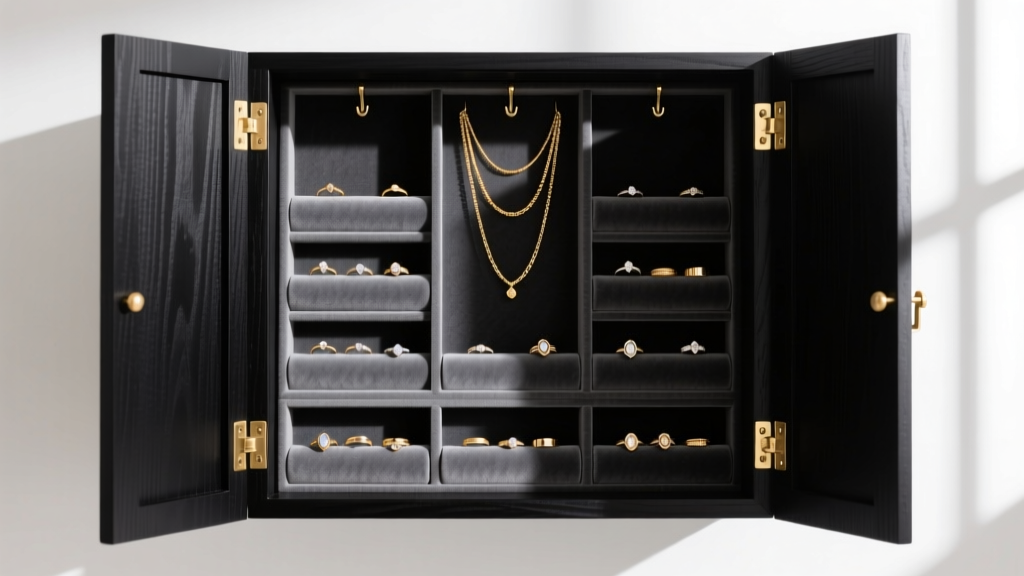 Matte black wood jewelry armoire with doors open, displaying gray velvet ring rolls, brass hinges, and hanging gold necklaces.