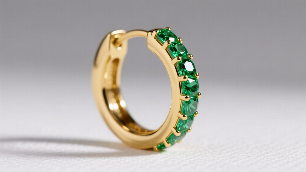 Side view of a 14k yellow gold huggie hoop with channel-set peridot gems, highlighting secure settings and vibrant green hues