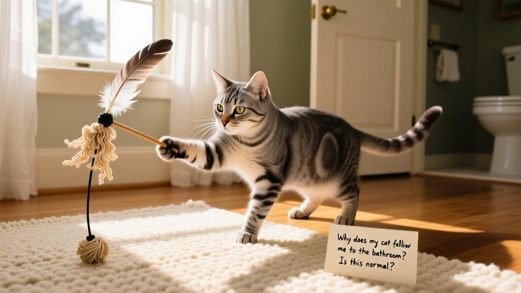 A cat calmly playing with a FurPetVo Instincts toy on a rug near a sunny window, away from the bathroom