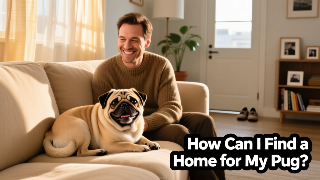 A happy Pug curled up on a sunlit couch next to a smiling adult, representing a warm, stable new home