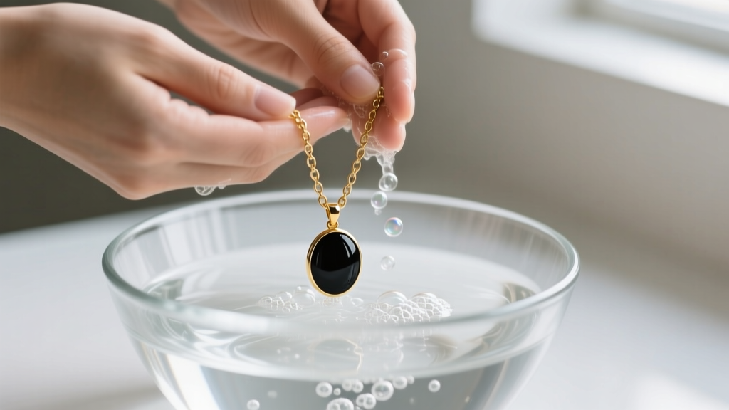 Hands washing a delicate black gold pendant chain in a glass bowl of distilled water and mild soap under soft natural lighting.