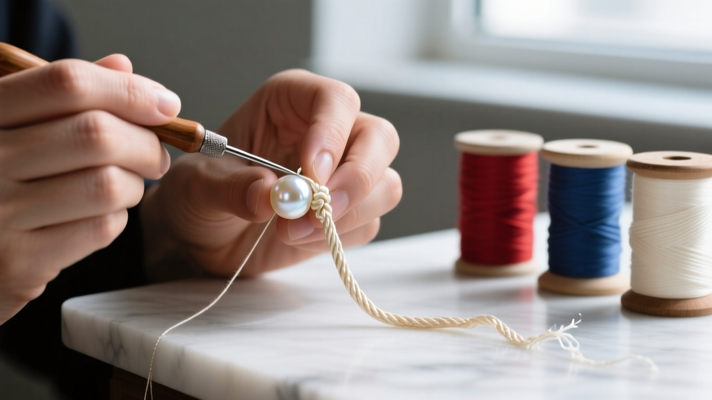 Jeweler hands using a beading awl to tighten a silk knot against a 7mm pearl, with spools of Size F silk thread visible nearby.