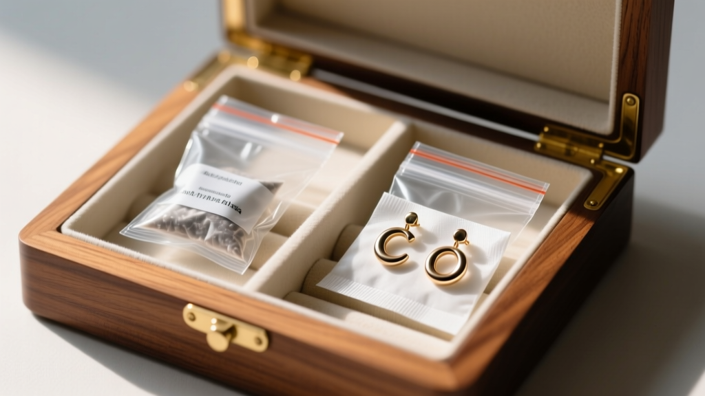 Small zip-lock bags with anti-tarnish silica packets and tissue-wrapped double C drop earrings inside a lined wooden jewelry box