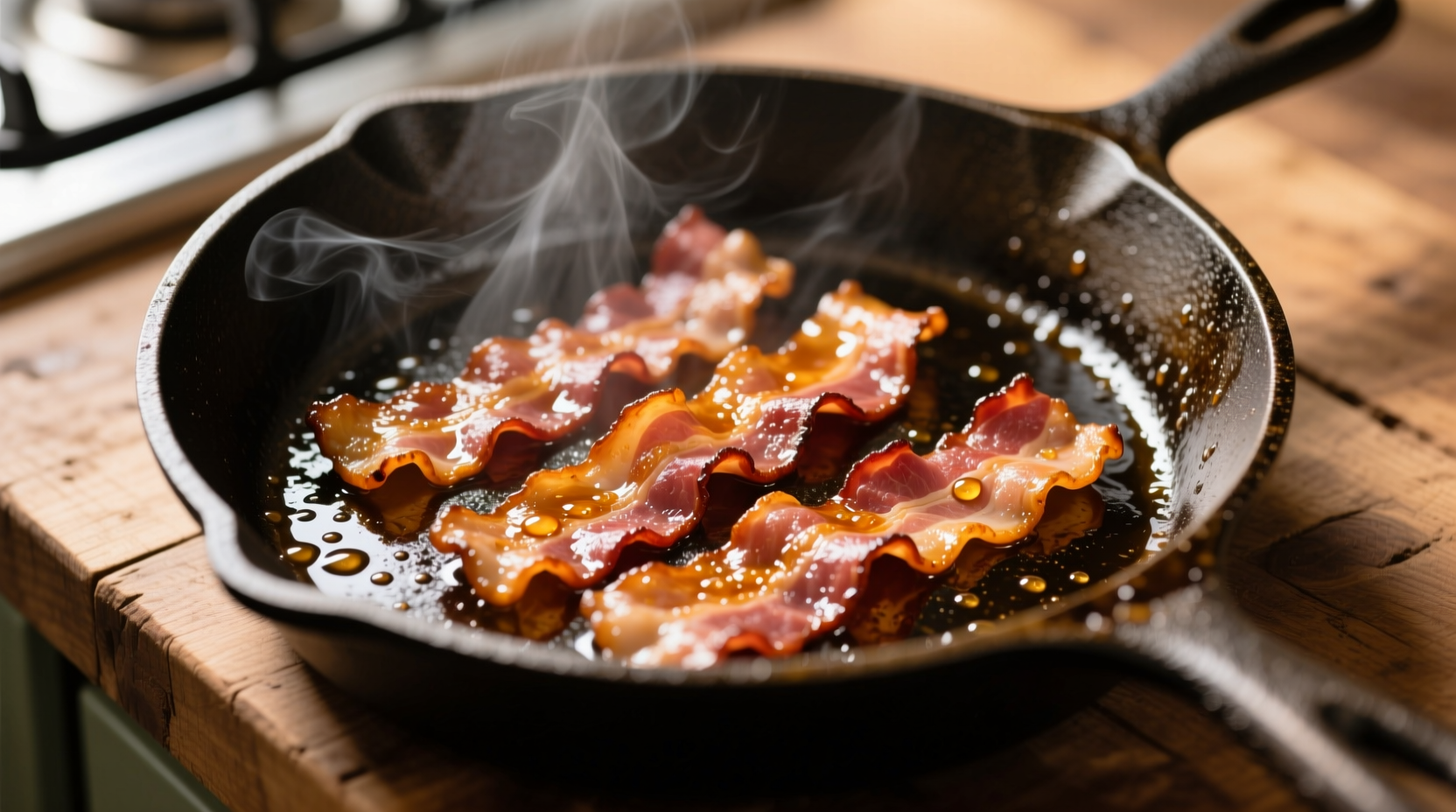 Perfectly cooked bacon strips in cast iron skillet
