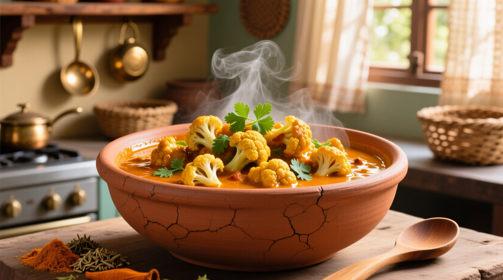 Golden Indian cauliflower curry in traditional clay pot
