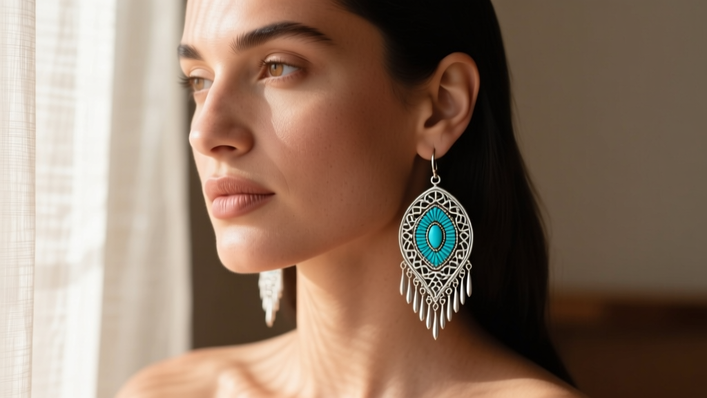 Profile of a woman wearing medium Zuni needlepoint dangle earrings gently framing her jawline against soft, warm natural daylight