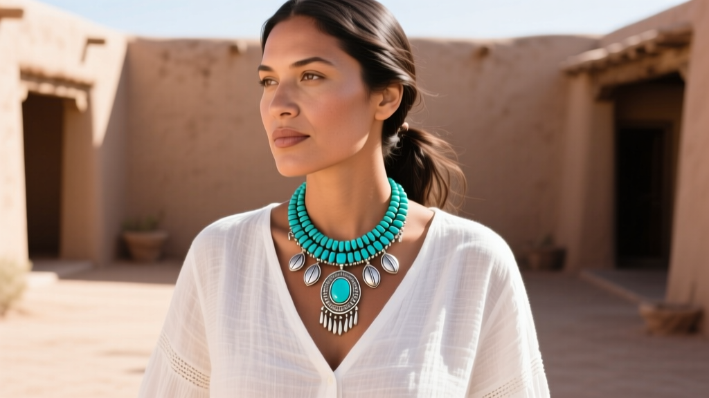 Woman wearing a turquoise squash blossom necklace over a white linen V-neck, showing bold Southwestern silver in soft daylight.