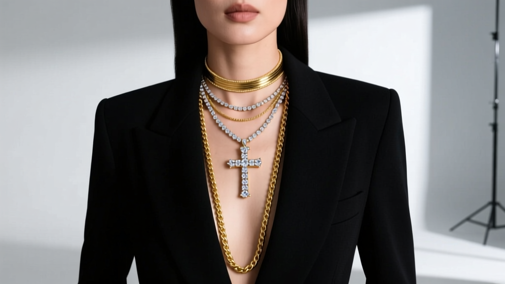 Woman in a blazer showcasing a 16-inch diamond cross pendant layered with a 14-inch choker and a 20-inch plain gold rope chain