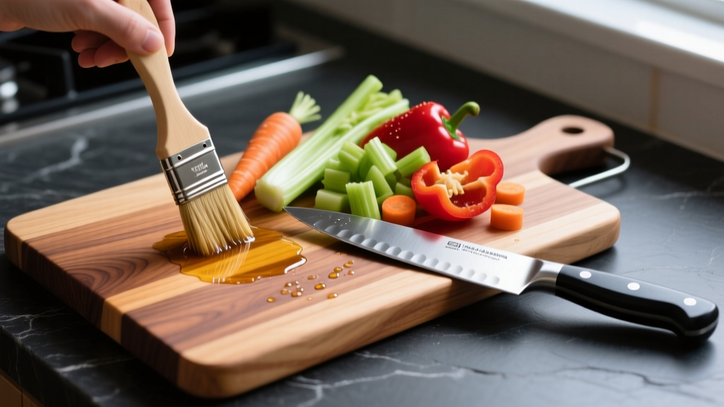 End-grain hard maple cutting board being oiled next to chopped vegetables and a carbon steel chef knife on a dark slate counter