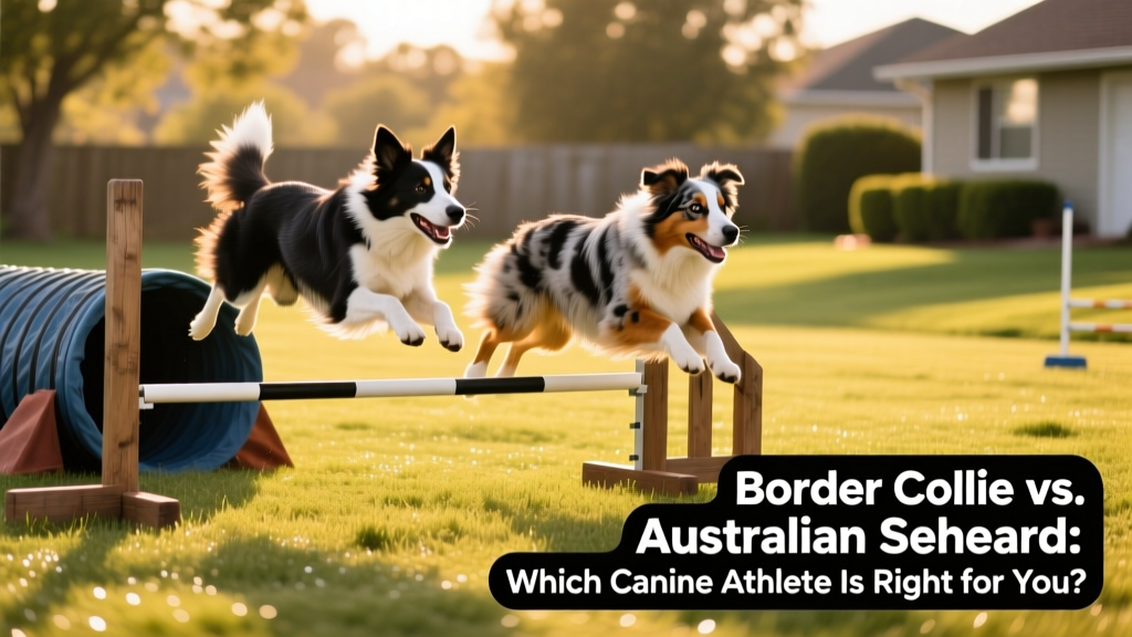 A Border Collie and an Australian Shepherd performing agility obstacles side by side