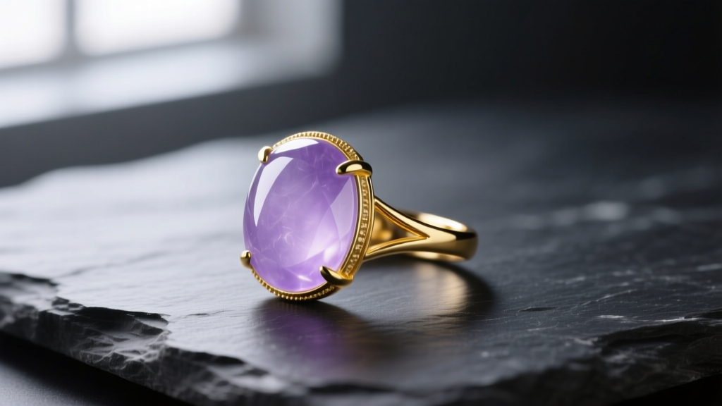 Translucent lavender jadeite cabochon ring set in 18k yellow gold resting on dark slate under soft natural window light
