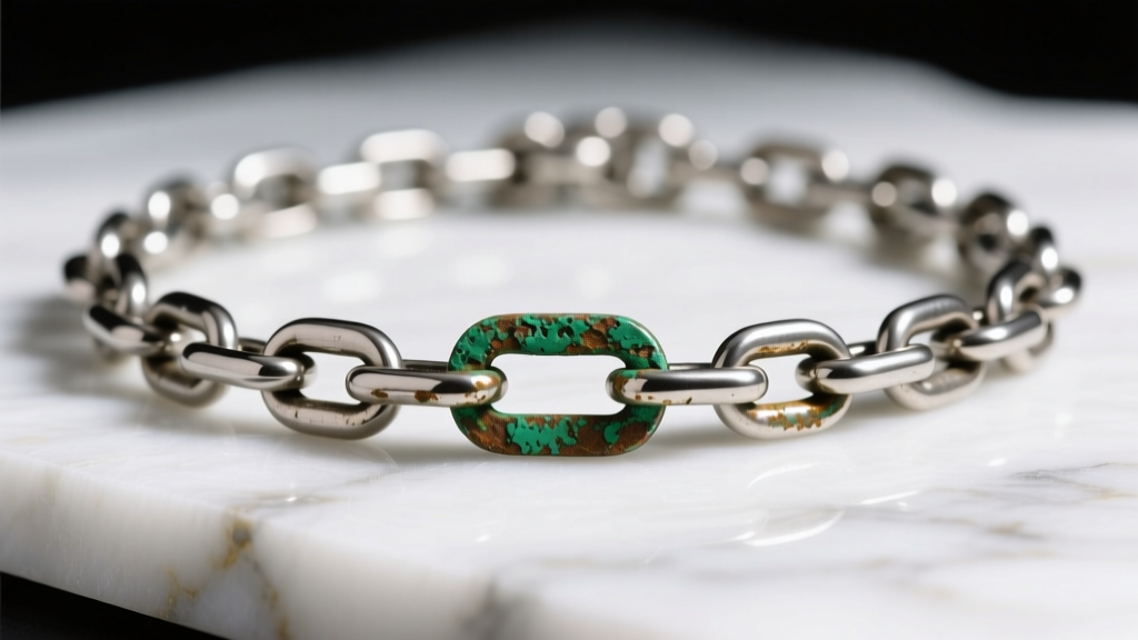 Macro shot of a tarnished s steel necklace chain on white marble, showing green oxidation near the clasp in soft light.