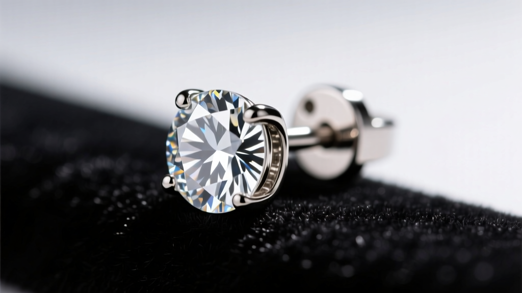 Macro shot of a diamond stud earring secured with a stainless steel mechanical locking back resting on dark velvet jewelry display