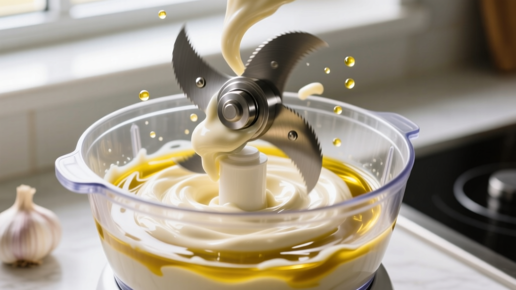 Close-up of heavy-duty food processor blade emulsifying garlic and oil into creamy aioli inside a clear BPA-free processor bowl.