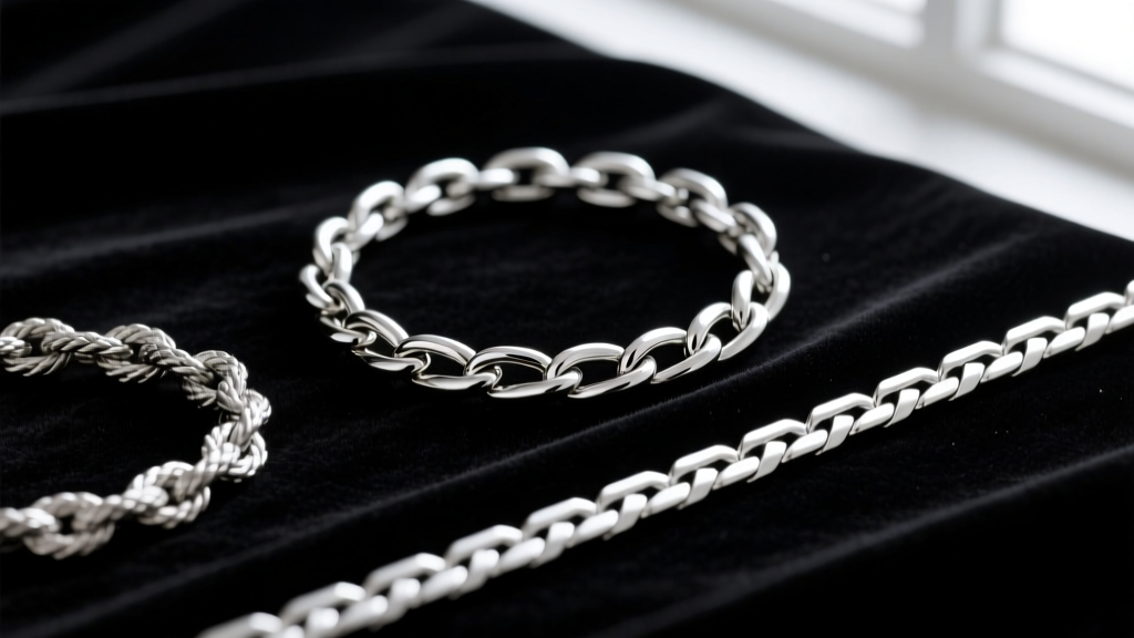 Macro view of three silver weaves: a smooth box chain, a textured rope chain, and a flat herringbone chain on dark velvet.