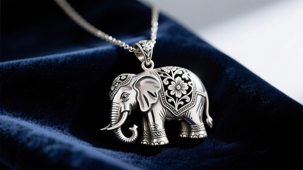 Victorian sterling silver antique elephant necklace pendant with floral repoussé details resting on dark navy velvet fabric.