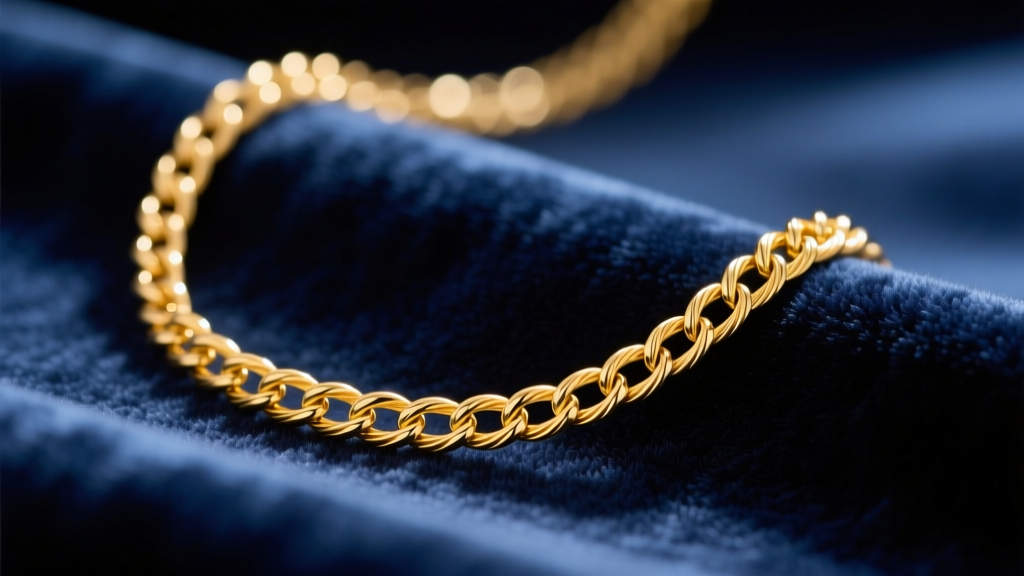 Macro shot of a delicate 0.5mm 14k yellow gold cable chain draped over dark navy velvet, highlighting the tiny interlocking links.