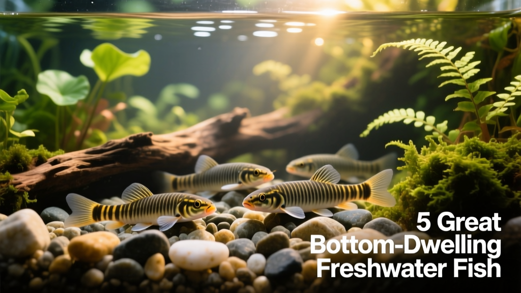 Kuhli loaches resting among smooth gravel and driftwood in a well-planted freshwater aquarium