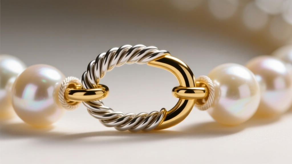 Macro view of a gold clasp on a pearl strand, highlighting coiled silver french wire protecting the silk thread at the jump ring.