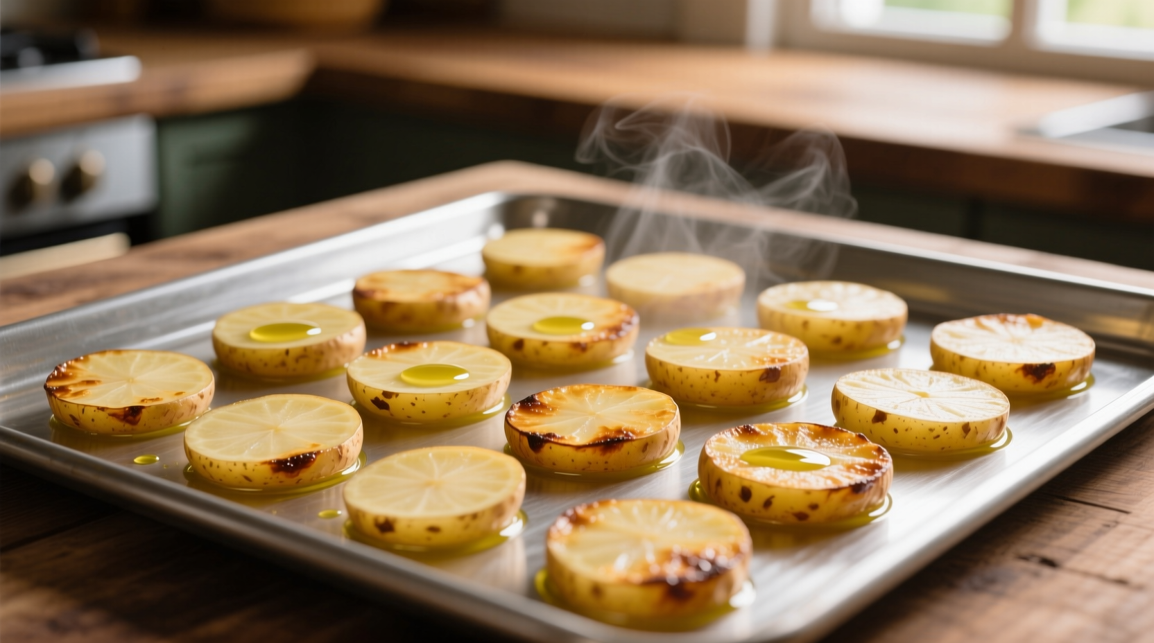 Perfectly sliced golden potatoes on baking sheet