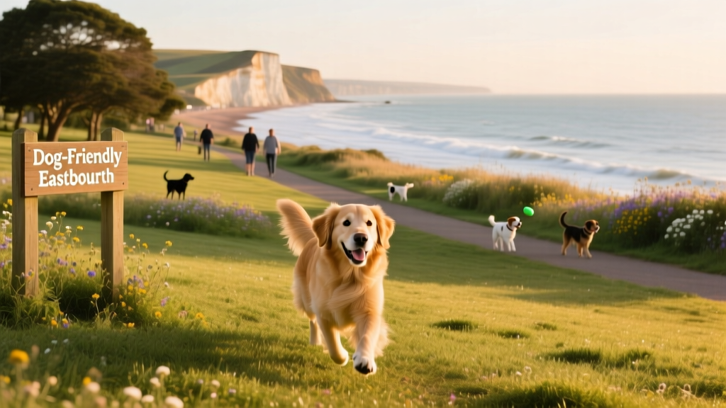 A happy dog exploring a grassy park with sea views in Eastbourne