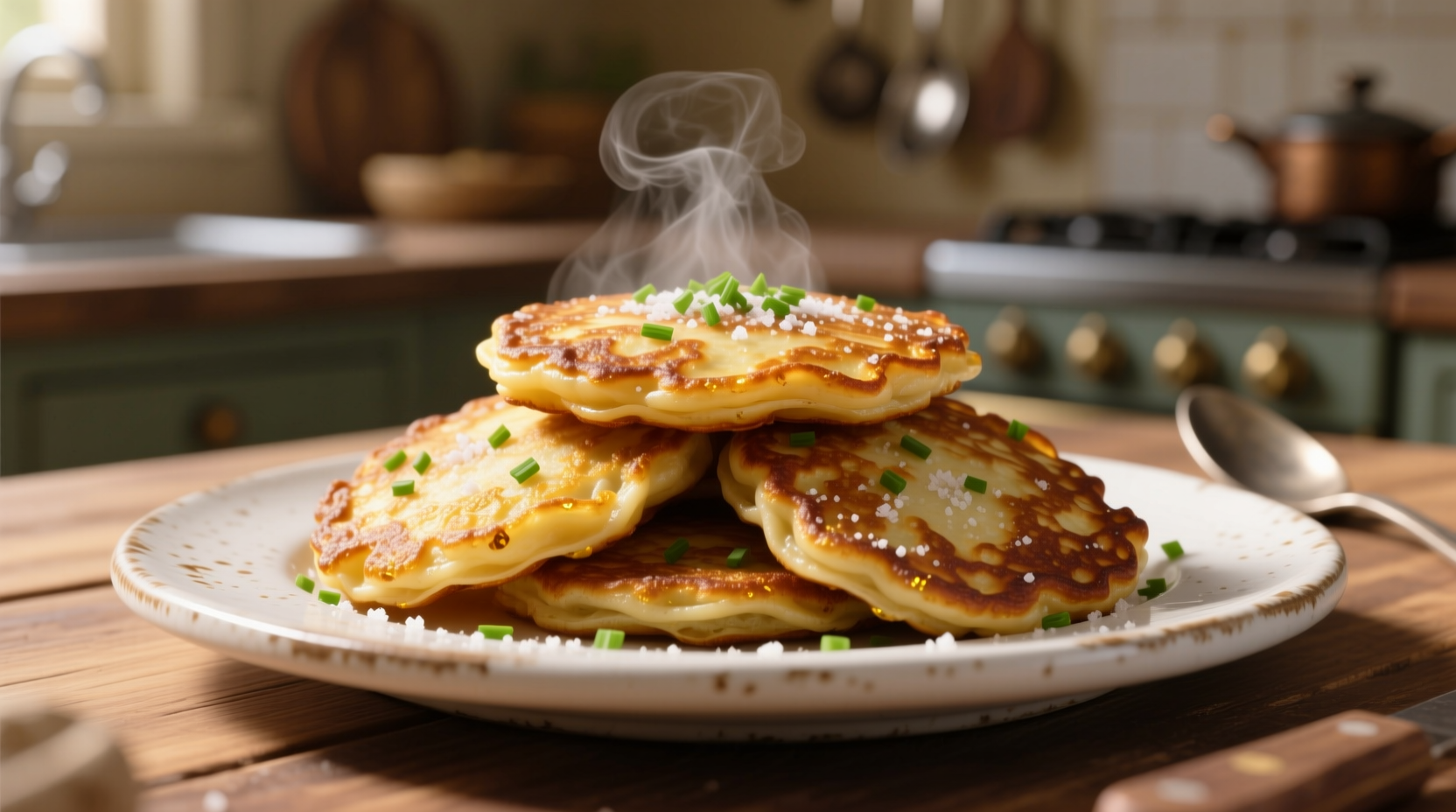 Golden brown potato pancakes on a white plate