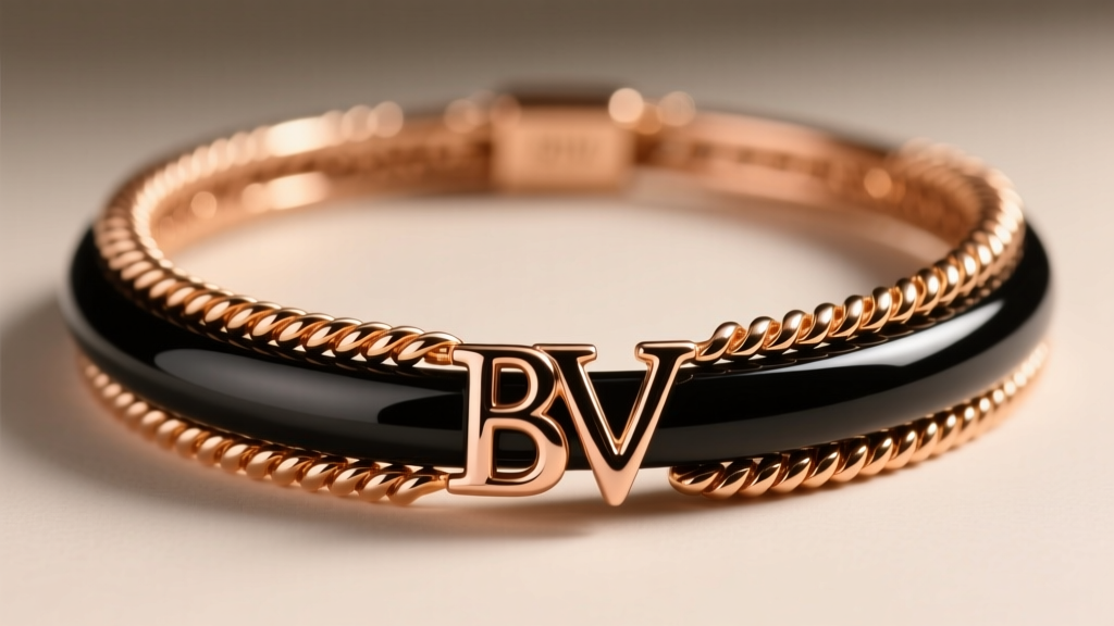Close-up of a BV necklace showing 18k rose gold coils beside a polished black ceramic band under soft, warm studio lighting.