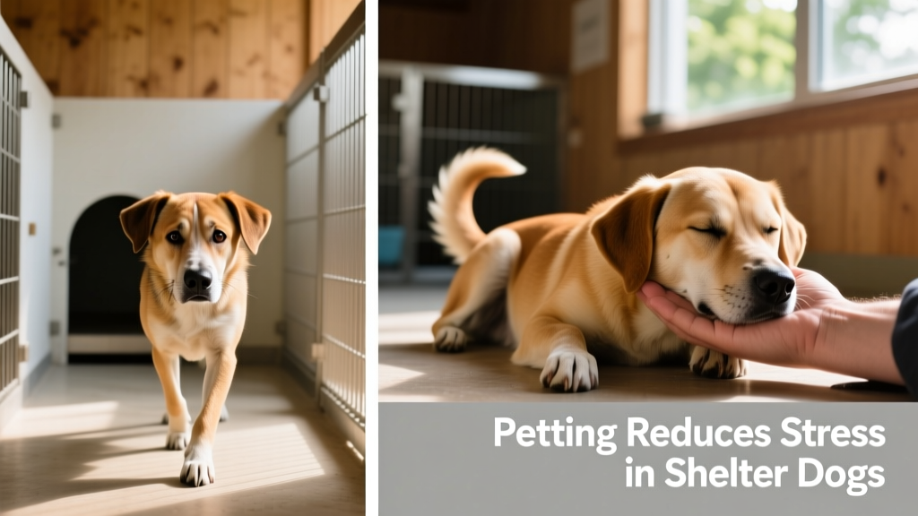 Side-by-side comparison: a stressed dog pacing in a kennel versus a relaxed dog leaning into gentle petting