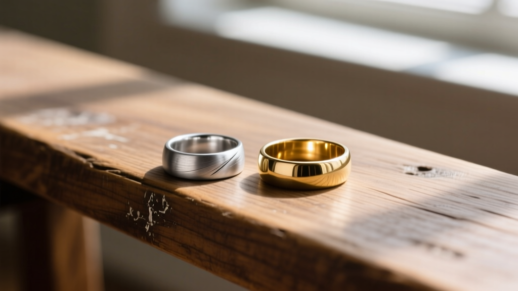 Lead free pewter ring beside a polished brass ring on a wooden bench, showing their distinct metal colors and surface textures.
